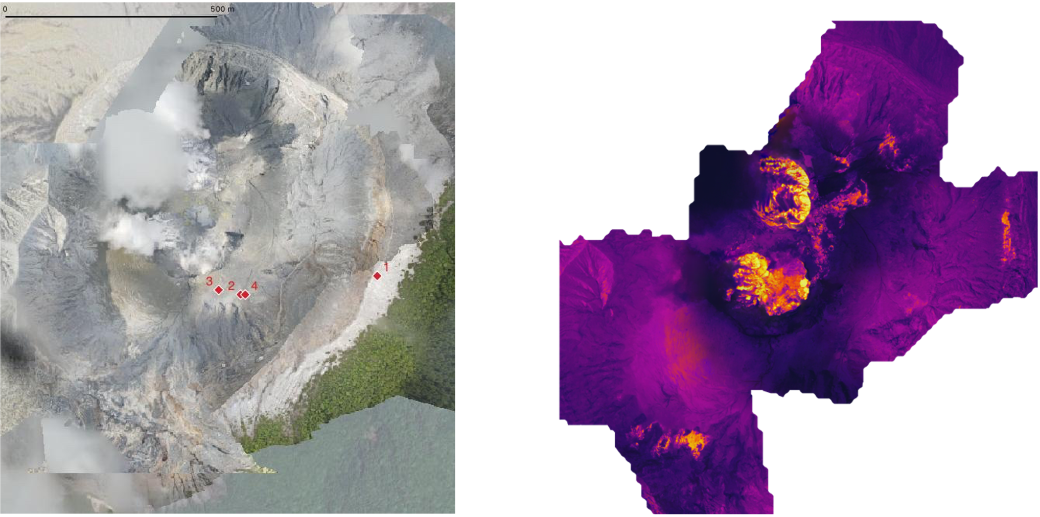 A visible light (left) and thermal infrared (right) orthomosaics of the crater area crated by drone imagery. Red markers on the visible map show the landing sites for the UAF gas ground-sampling drone. In the thermal map, purple shades are relatively cold areas and yellow are hot. The lake and fumaroles are clearly visible. Maps by: Einat Lev
