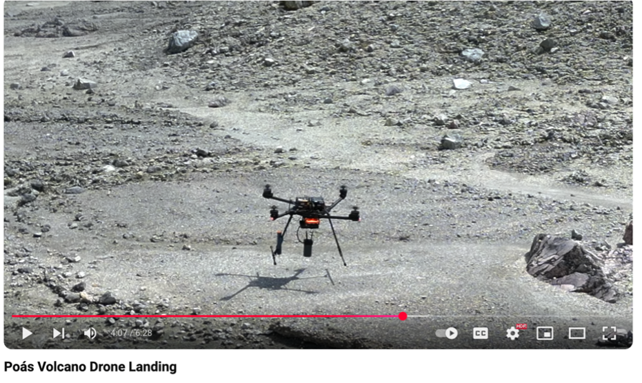 Screenshot from the drone landing video shows the RPAS landing on the Poás crater floor.
