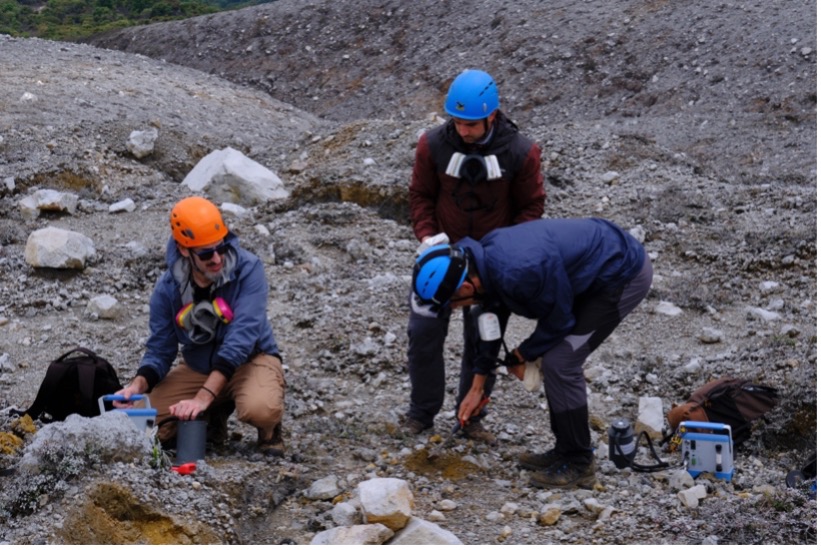 From left to right, Girona, Garcia-Martinez, and Benavente run ground-based sampling of soil CO2 degassing. Photo: Conor Bacon
