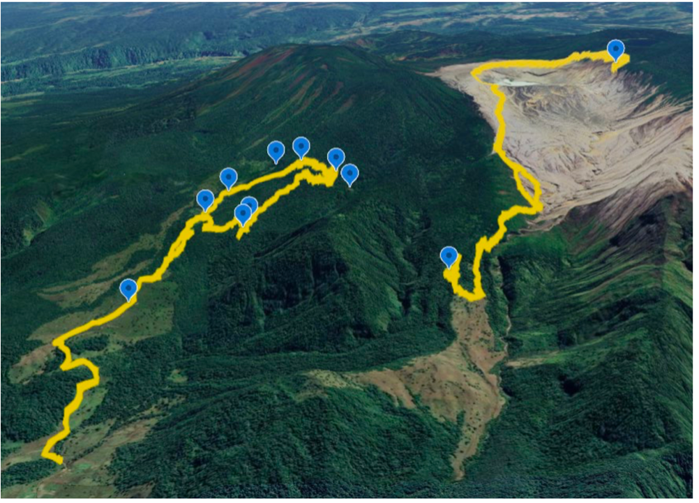 Routes followed during spring exploration and sampling. On the left, the north fork of Rio Agrio was approached from the base of the Poás. On the right, the spring on the south fork of Rio Agrio was accessed from the Mirador at the summit of Poás.
