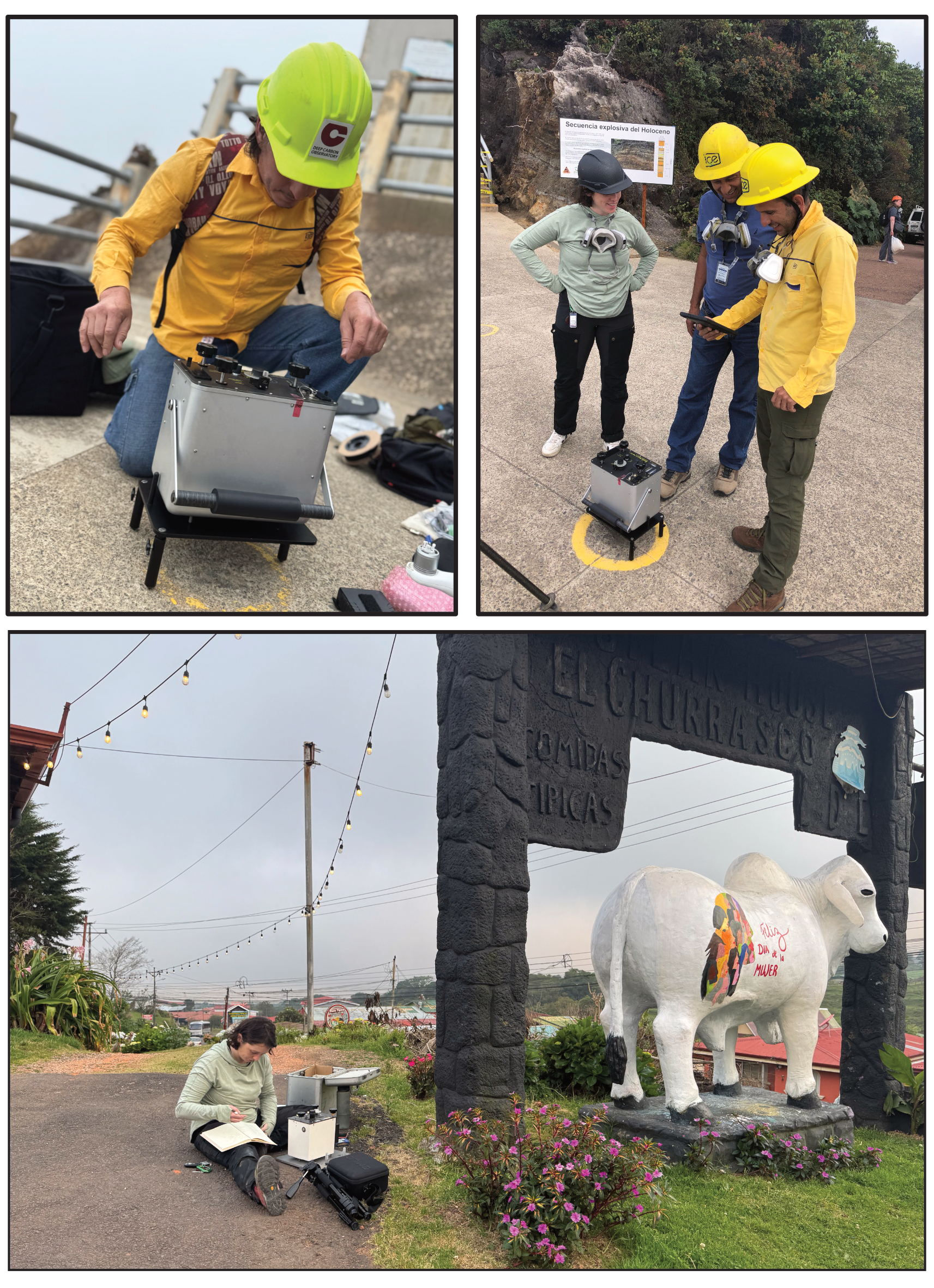 Clockwise from top-left: Badilla setting up the LaCoste and Romberg gravimeter at the Mirador; survey team discussion; Passey making reference measurement at El Churrasco hotel.